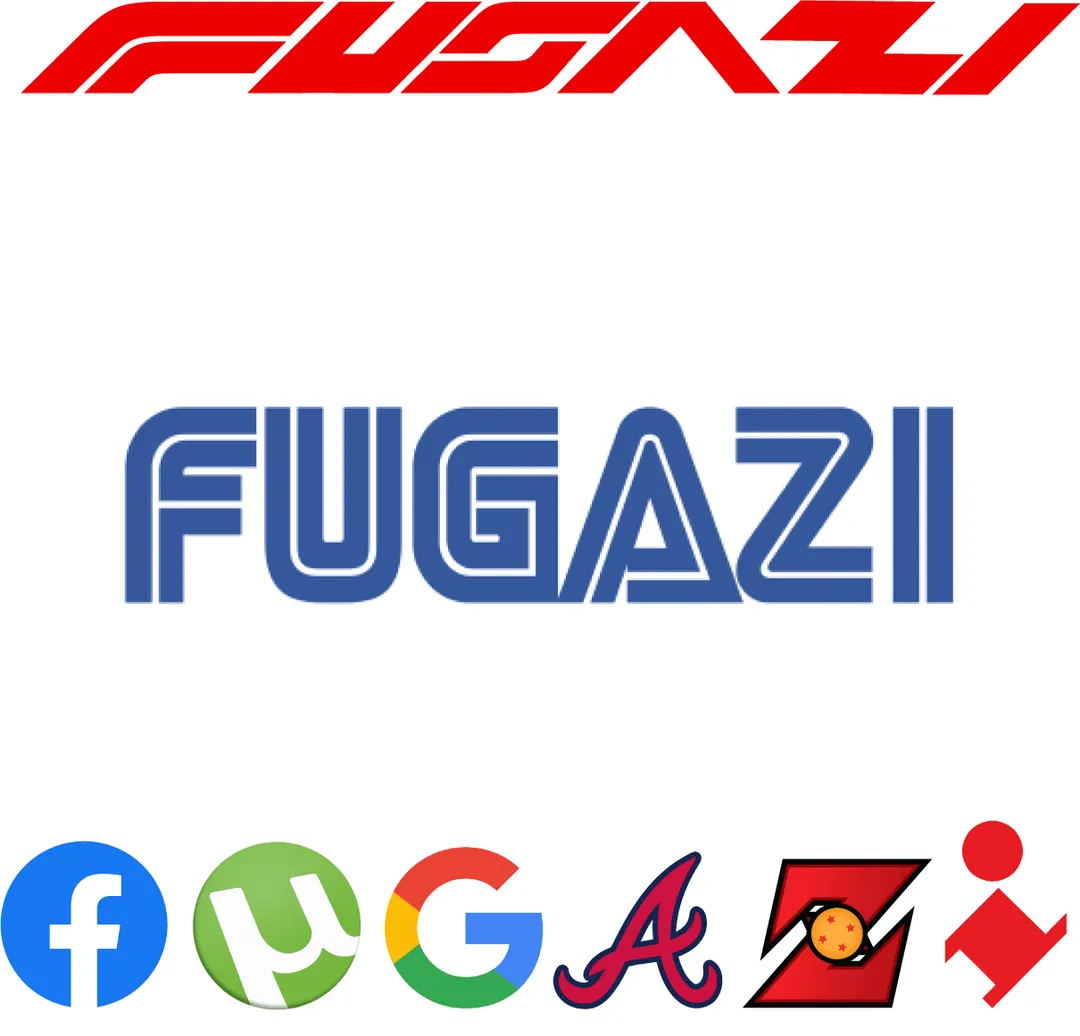Fugazi — logo redesign studies: racing-style and Sega-style wordmarks above a brand-logo mashup