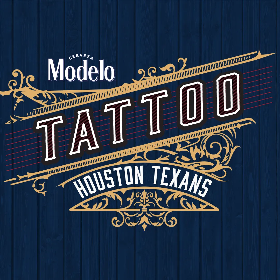 Modelo | Houston Texans — ornate Modelo Tattoo lockup with gold flourishes on blue wood paneling