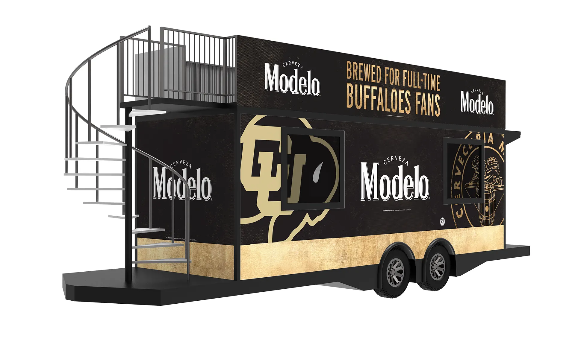 Modelo | University of Colorado — trailer wrap render with the CU Buffaloes logo and gold leaf base