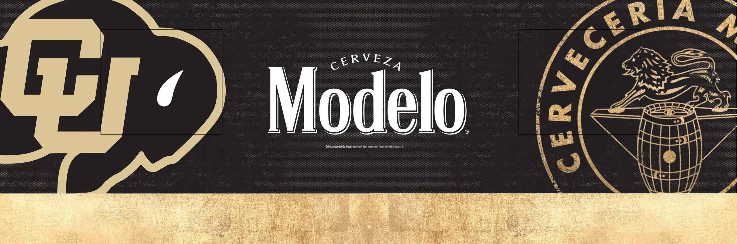 Modelo | University of Colorado — full wrap panel: CU buffalo, Modelo lockup, and Cervecería seal