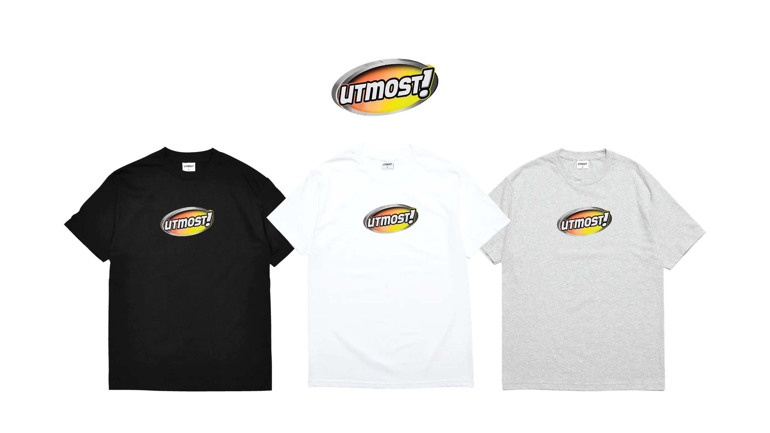 Utmost Co. — Y2K-style oval “utmost!” graphic applied to three tees