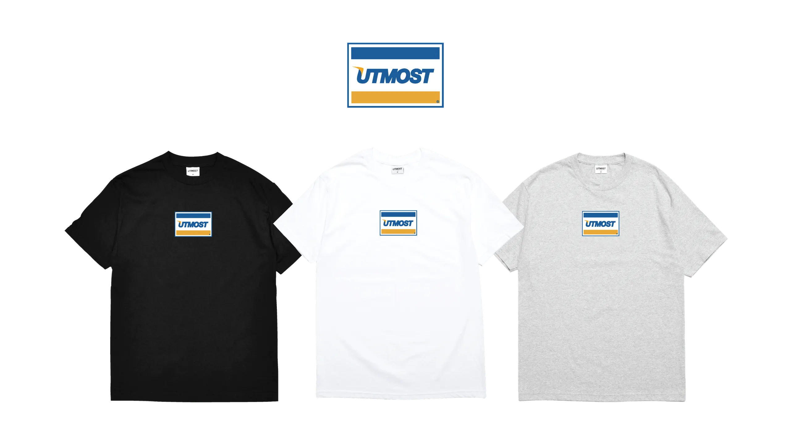 Utmost Co. — credit-card style logo tee design on black, white, and heather grey shirts