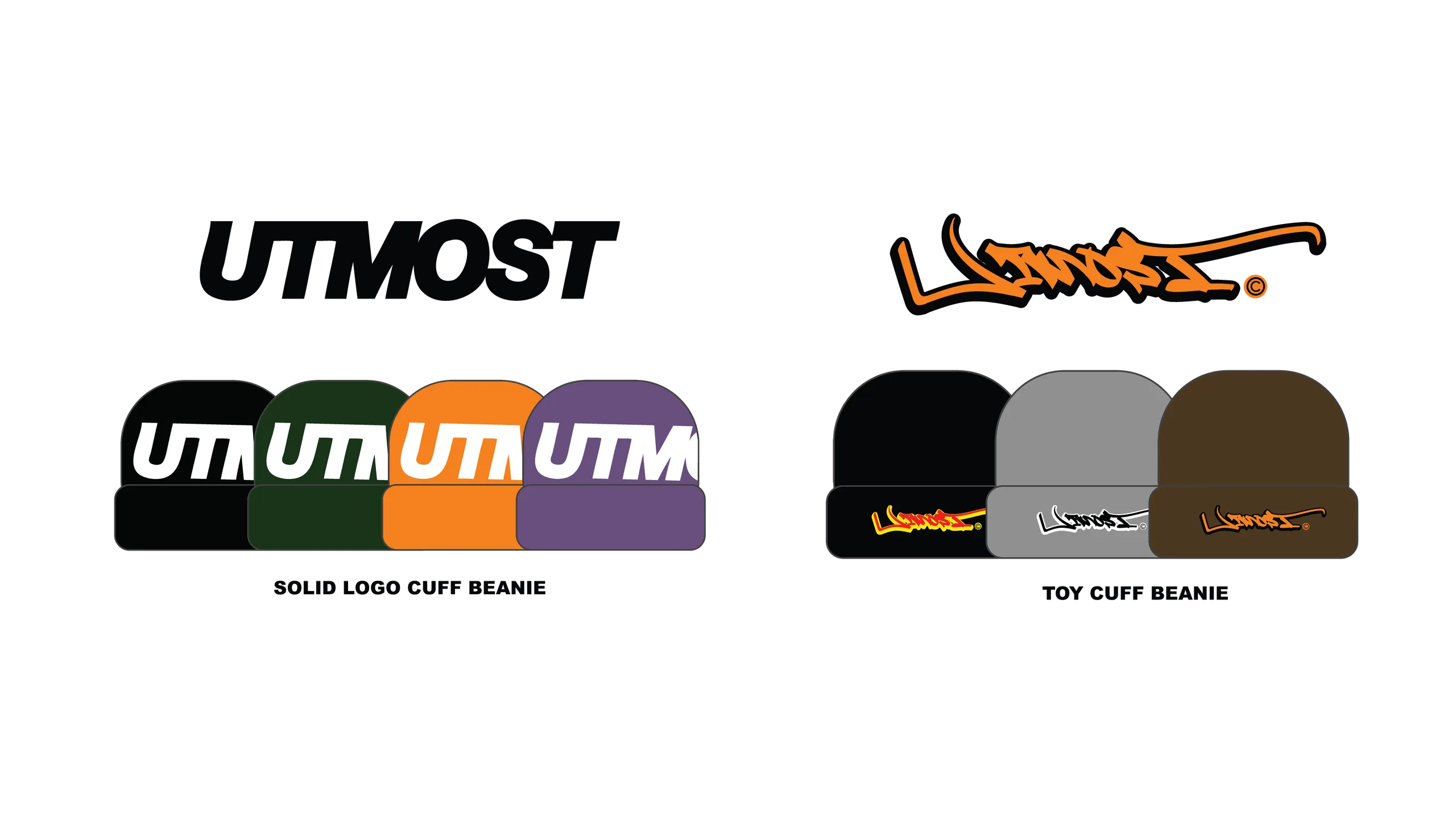 Utmost Co. — solid-logo and graffiti “Toy” cuff beanie mockups in eight colorways