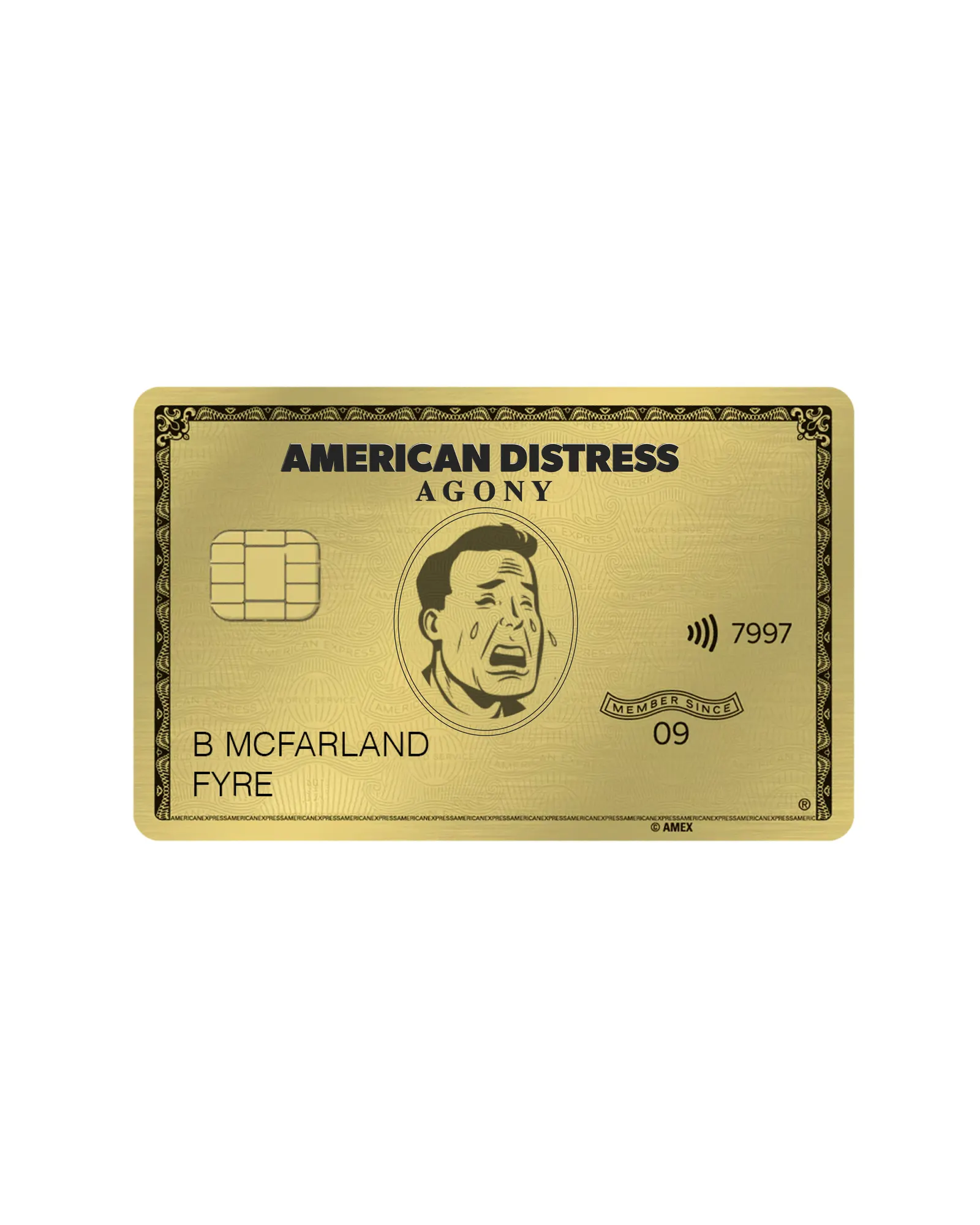 “American Distress · Agony” — a gold charge-card parody with a crying mascot and the cardholder “B McFarland / Fyre.”