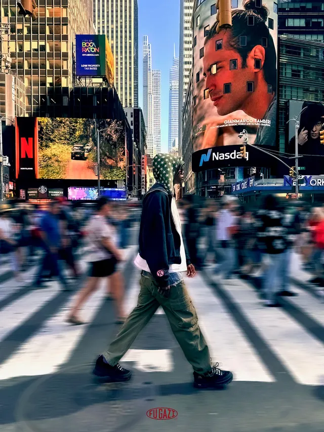 Fugazi — a street shot of a figure crossing Times Square, “FUGAZI” stamped at the foot of the frame.