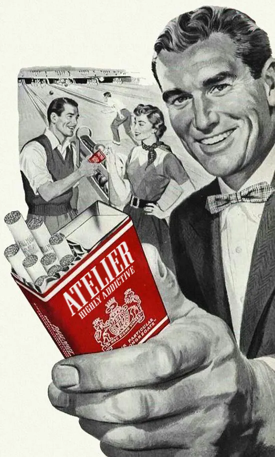 Retro cigarette-ad pastiche — a beaming mid-century man presenting a red “Atelier” pack.