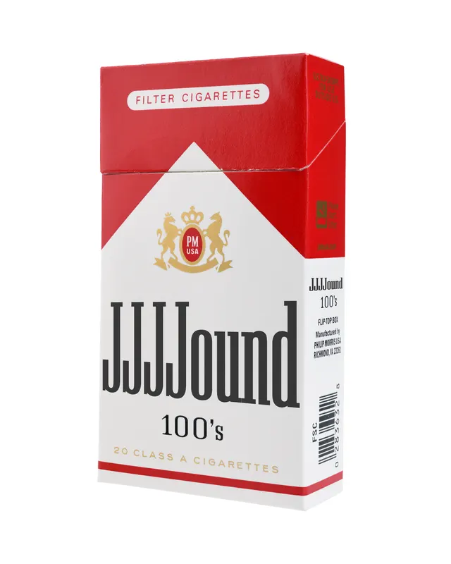 A cigarette pack mockup rebranded “JJJJound 100’s” in Marlboro’s red-and-white livery.