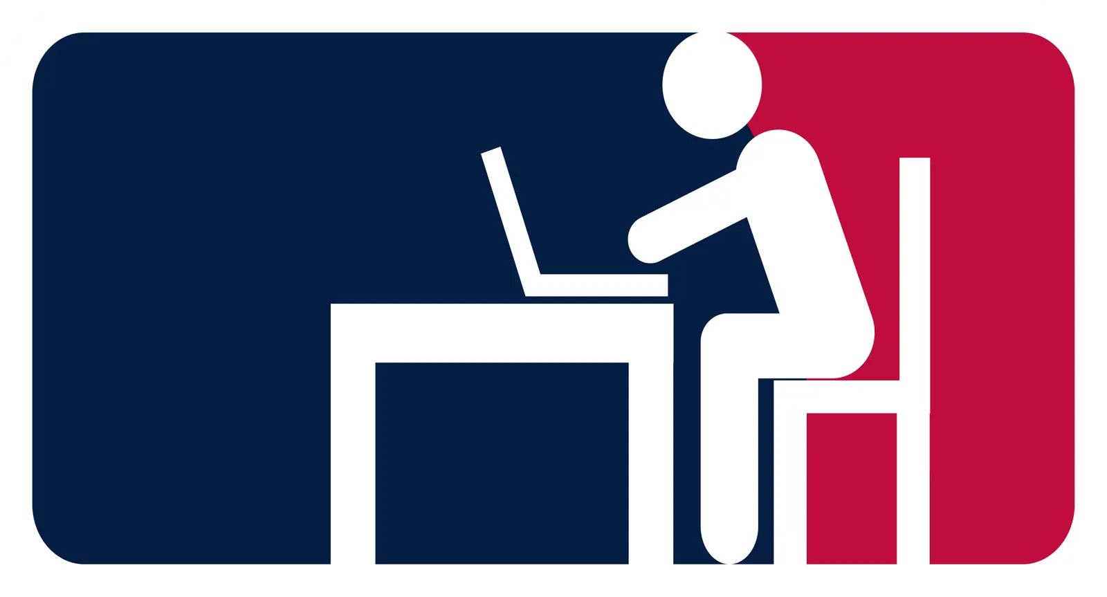 “Major League” emblem in the style of a pro-sports-league logo, reworked as a hunched figure typing at a laptop.