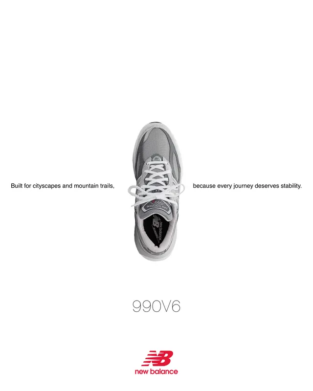 New Balance mock ad — a grey 990V6 sneaker shot top-down, “Built for cityscapes and mountain trails.”